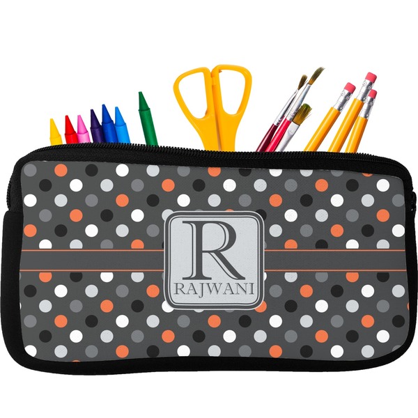 Custom Gray Dots Neoprene Pencil Case - Small w/ Name and Initial