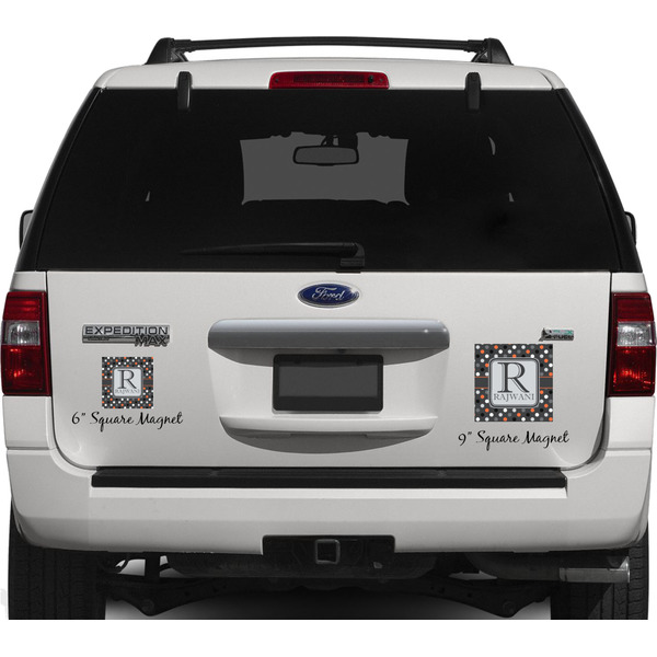 Gray Dots Personalized Square Car Magnets on Ford Explorer