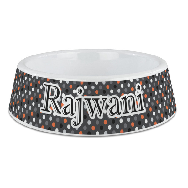 Custom Gray Dots Plastic Dog Bowl - Large (Personalized)