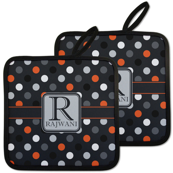 Custom Gray Dots Pot Holders - Set of 2 w/ Name and Initial