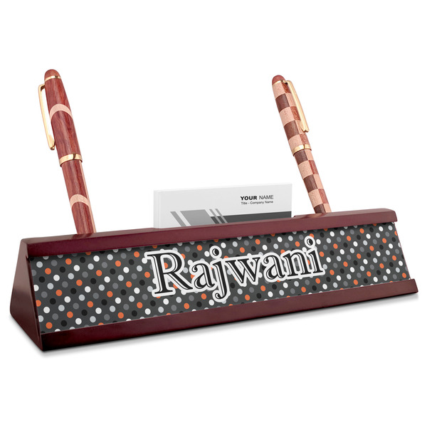 Custom Gray Dots Red Mahogany Nameplate with Business Card Holder (Personalized)