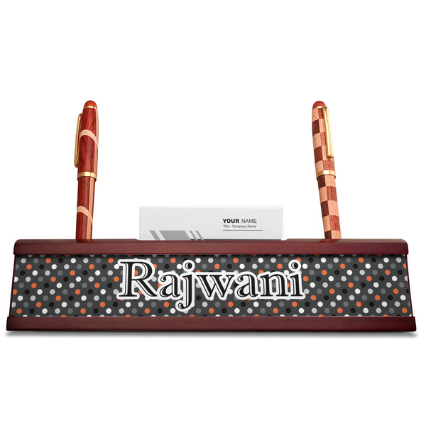 Gray Dots Red Mahogany Nameplates with Business Card Holder - Straight
