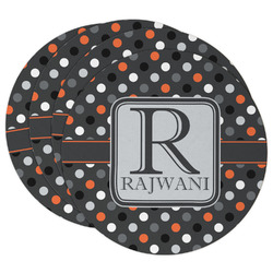 Gray Dots Round Paper Coasters w/ Name and Initial