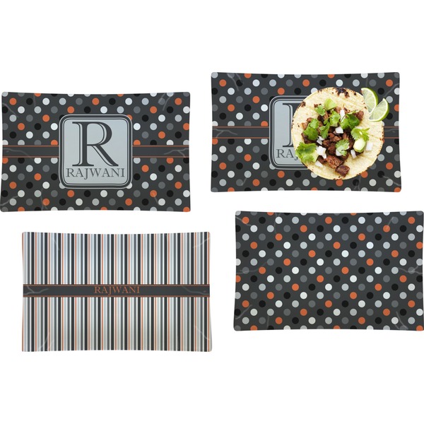 Custom Gray Dots Set of 4 Glass Rectangular Lunch / Dinner Plate (Personalized)