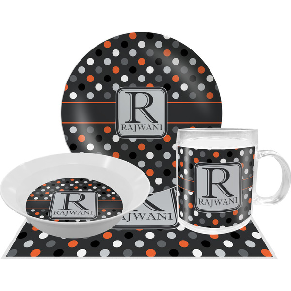 Custom Gray Dots Dinner Set - Single 4 Pc Setting w/ Name and Initial