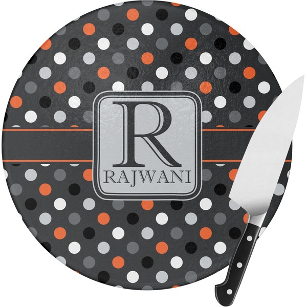 Custom Gray Dots Round Glass Cutting Board (Personalized)