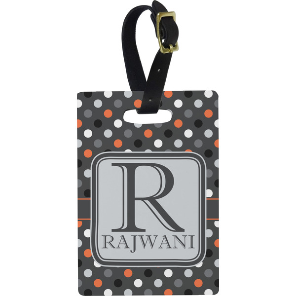 Custom Gray Dots Plastic Luggage Tag - Rectangular w/ Name and Initial