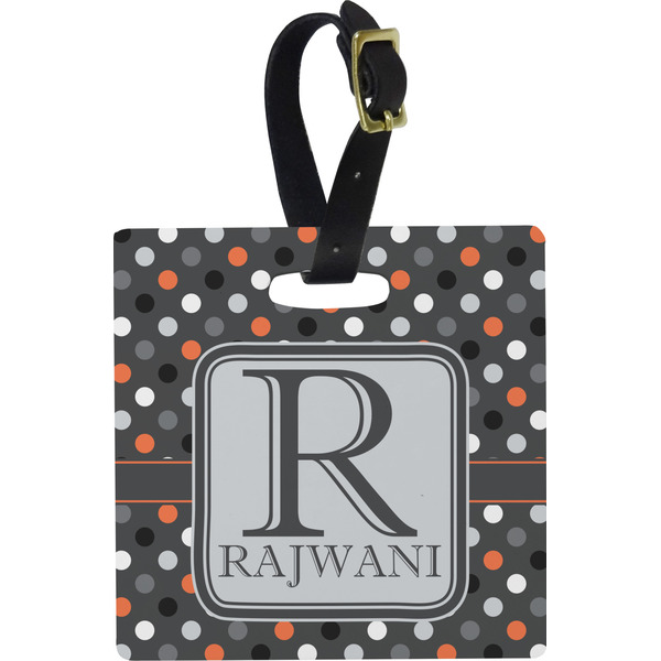 Custom Gray Dots Plastic Luggage Tag - Square w/ Name and Initial