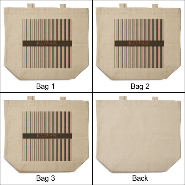 Gray Stripes 3 Reusable Cotton Grocery Bags - Front & Back View