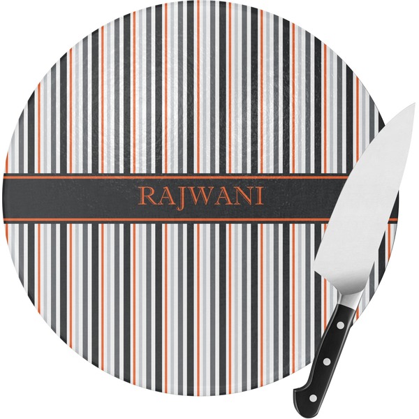 Custom Gray Stripes Round Glass Cutting Board - Small (Personalized)