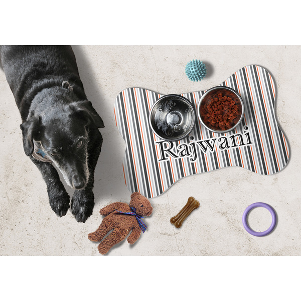 Gray Stripes Bone Shaped Mat w/ Food & Water