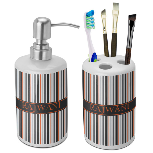 Custom Gray Stripes Ceramic Bathroom Accessories Set (Personalized)