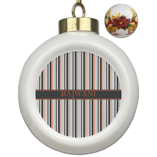 Custom Gray Stripes Ceramic Ball Ornaments - Poinsettia Garland (Personalized)