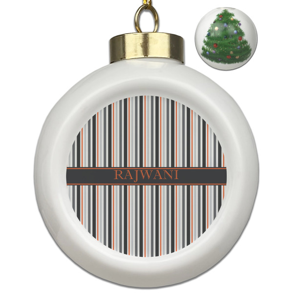 Custom Gray Stripes Ceramic Ball Ornament - Christmas Tree (Personalized)