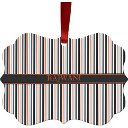 Gray Stripes Metal Frame Ornament - Double Sided w/ Name or Text