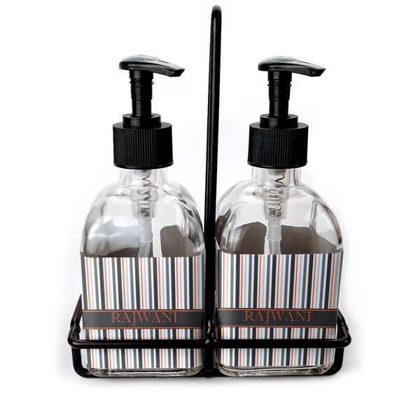 Custom Gray Stripes Glass Soap & Lotion Bottle Set (Personalized)