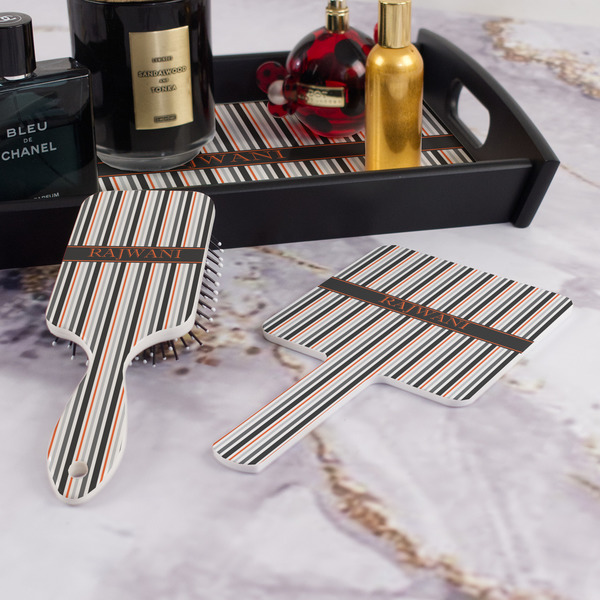 Gray Stripes Hair Brush and Hand Mirror - Bathroom Scene