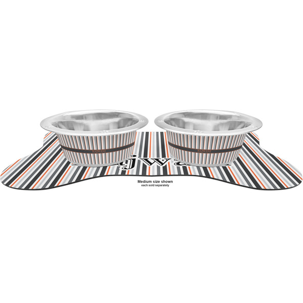 Gray Stripes Metal Pet Bowls - On Dog Bone Shaped Mat