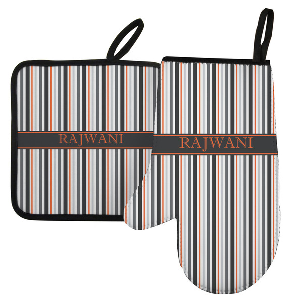Custom Gray Stripes Left Oven Mitt & Pot Holder Set w/ Name or Text