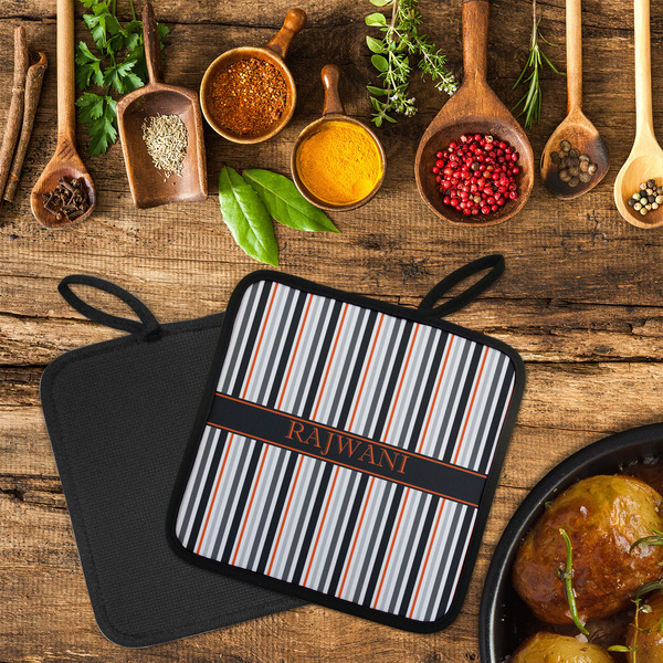 Gray Stripes Neoprene Pot Holder - Set of 2  LIFESTYLE (Flatlay)