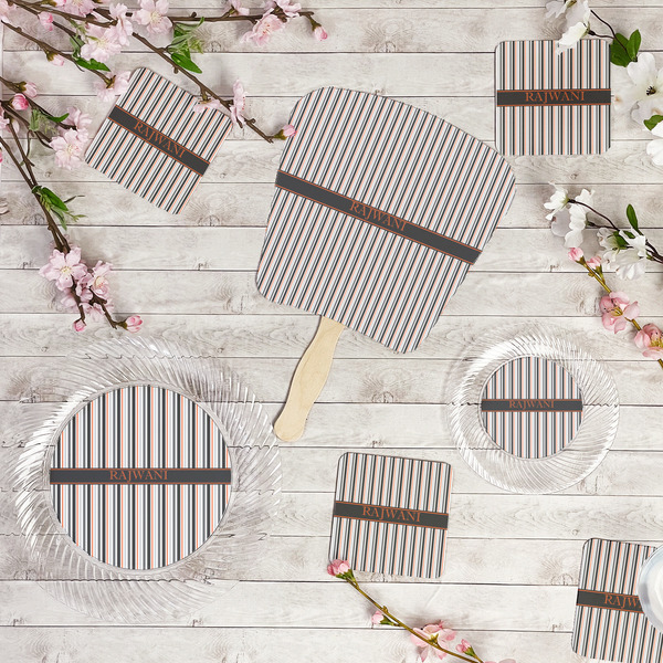 Gray Stripes Party Supplies Combination Image - All items - Plates, Coasters, Fans