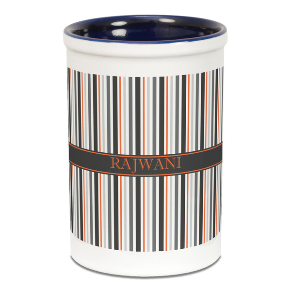 Custom Gray Stripes Ceramic Pencil Holders - Blue