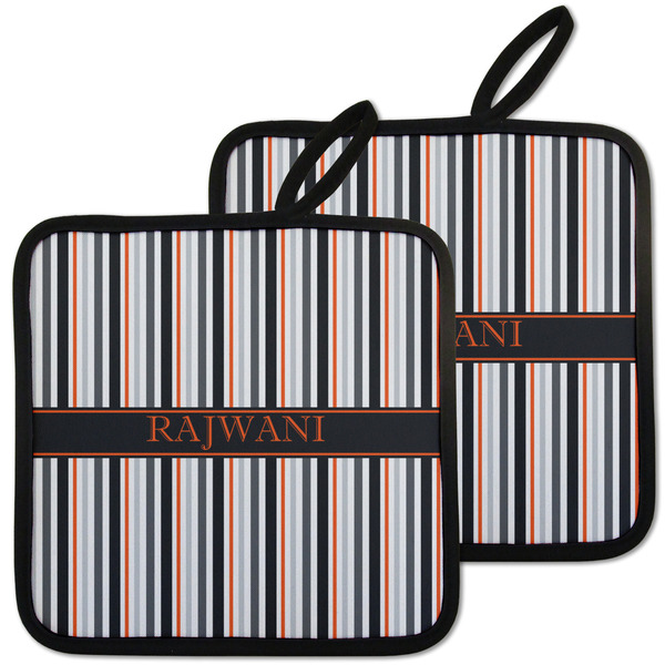 Custom Gray Stripes Pot Holders - Set of 2 w/ Name or Text