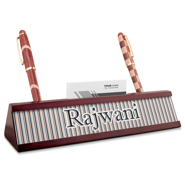 Custom Gray Stripes Red Mahogany Nameplate with Business Card Holder (Personalized)