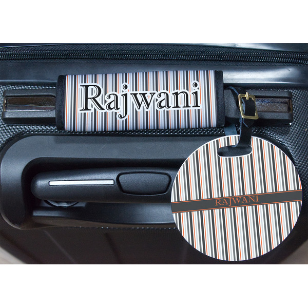 Gray Stripes Round Luggage Tag & Handle Wrap - In Context