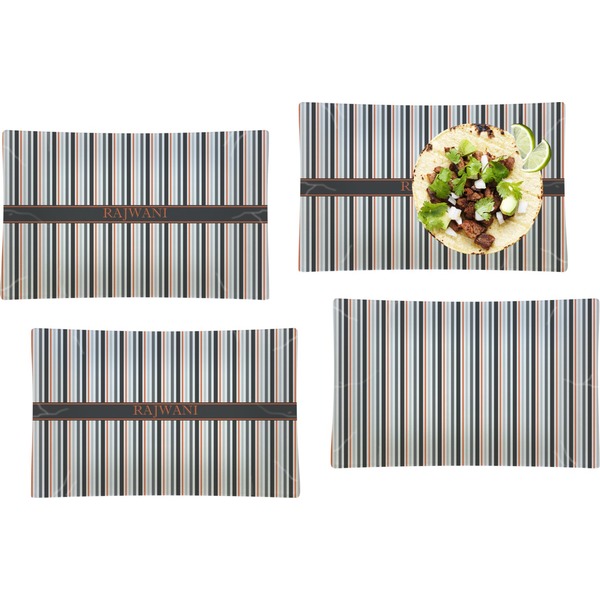 Custom Gray Stripes Set of 4 Glass Rectangular Lunch / Dinner Plate (Personalized)