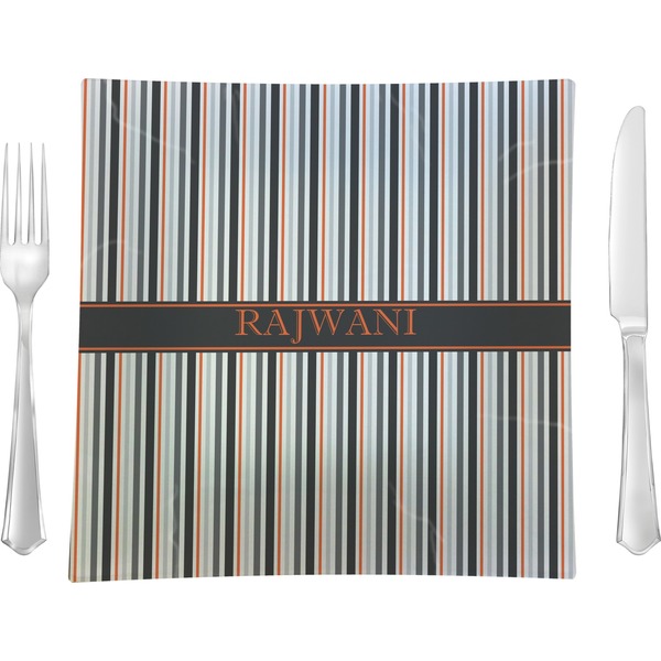Custom Gray Stripes 9.5" Glass Square Lunch / Dinner Plate- Single or Set of 4 (Personalized)