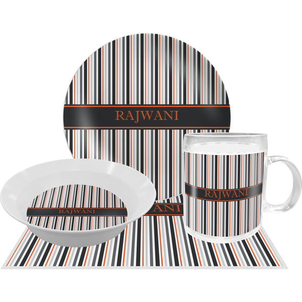 Custom Gray Stripes Dinner Set - Single 4 Pc Setting w/ Name or Text