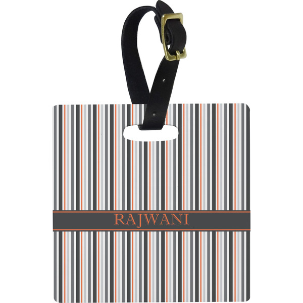 Custom Gray Stripes Plastic Luggage Tag - Square w/ Name or Text
