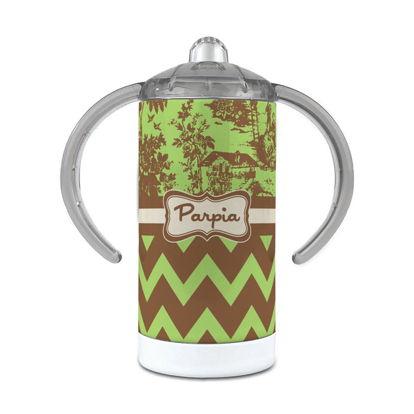 Custom Green & Brown Toile & Chevron 12 oz Stainless Steel Sippy Cup (Personalized)