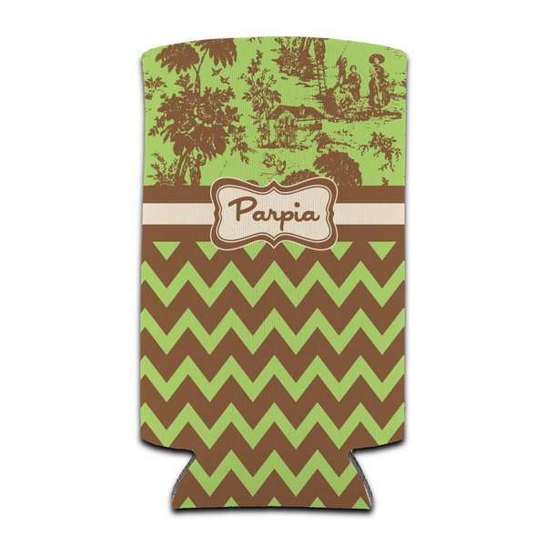 Custom Green & Brown Toile & Chevron Can Cooler (tall 12 oz) (Personalized)