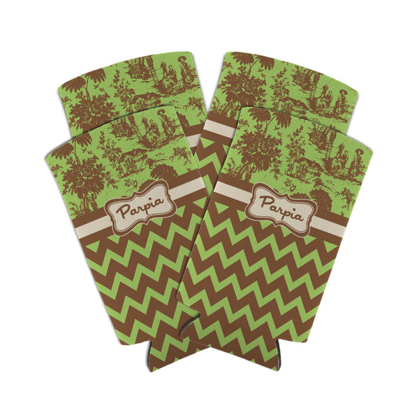 Custom Green & Brown Toile & Chevron Can Cooler (tall 12 oz) - Set of 4 (Personalized)