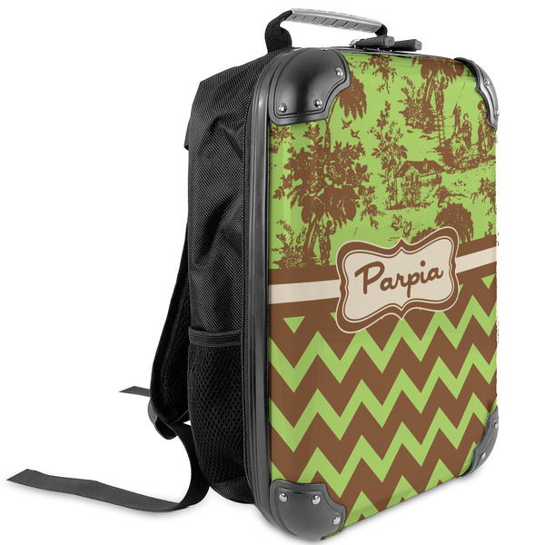 Custom Green & Brown Toile & Chevron Kids Hard Shell Backpack (Personalized)