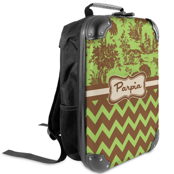 Custom Green & Brown Toile & Chevron Kids Hard Shell Backpack (Personalized)