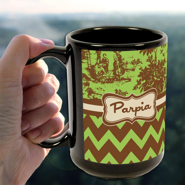 Green & Brown Toile & Chevron 15oz. Black Mug - LIFESTYLE