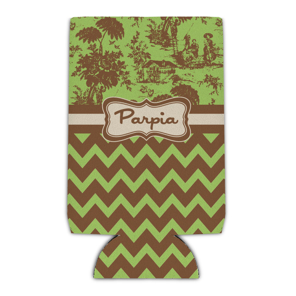 Custom Green & Brown Toile & Chevron Can Cooler (Personalized)