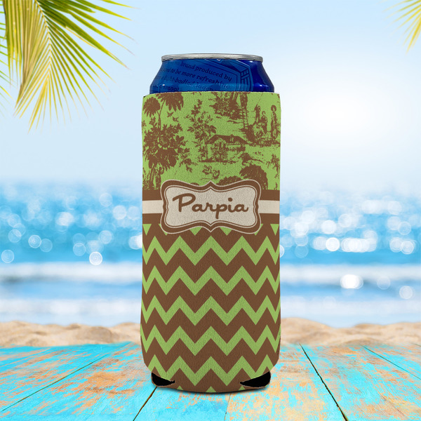 Green & Brown Toile & Chevron 16oz Can Sleeve - LIFESTYLE