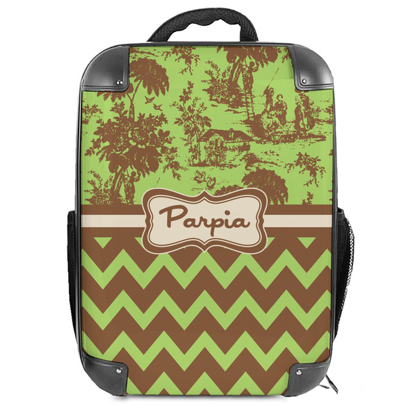 Custom Green & Brown Toile & Chevron Hard Shell Backpack (Personalized)