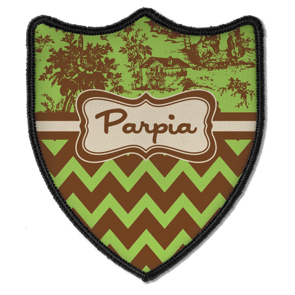 Custom Green & Brown Toile & Chevron Iron On Shield Patch B w/ Name or Text