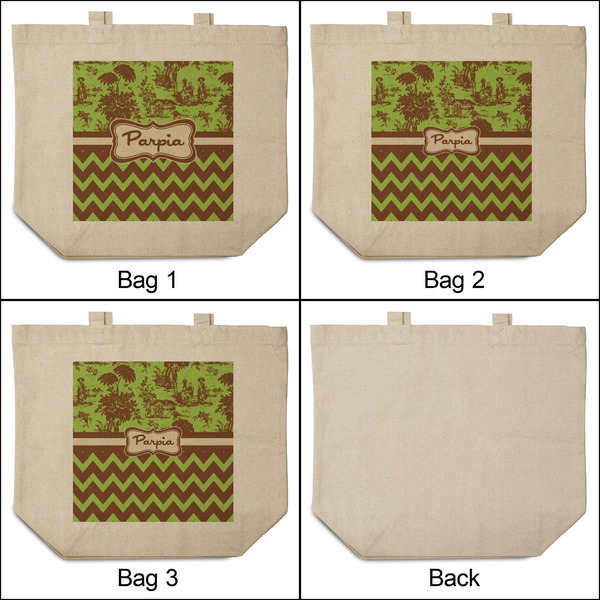 Green & Brown Toile & Chevron 3 Reusable Cotton Grocery Bags - Front & Back View