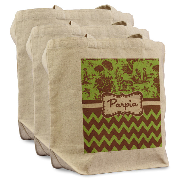 Custom Green & Brown Toile & Chevron Reusable Cotton Grocery Bags - Set of 3 (Personalized)