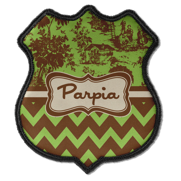 Custom Green & Brown Toile & Chevron Iron On Shield Patch C w/ Name or Text