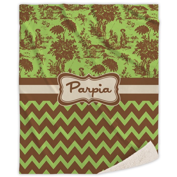 Custom Green & Brown Toile & Chevron Sherpa Throw Blanket (Personalized)