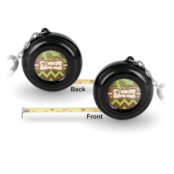 Green & Brown Toile & Chevron 6-Ft Pocket Tape Measure with Carabiner Hook - Front and Back