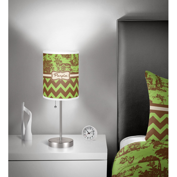 Green & Brown Toile & Chevron 7 inch drum lamp shade - in room