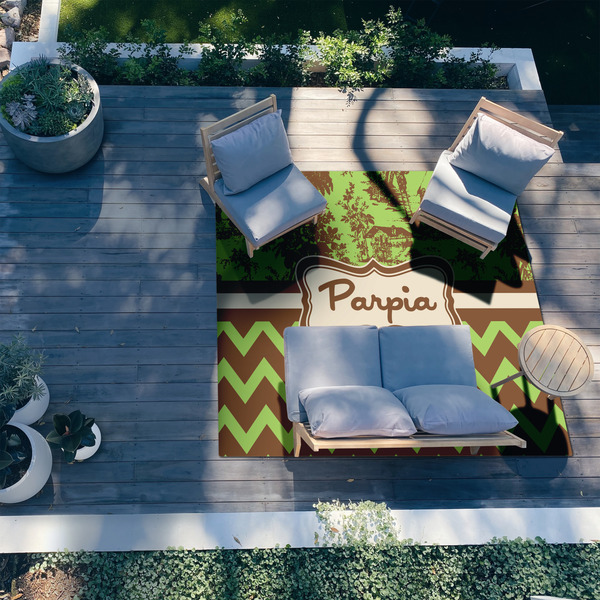 Green & Brown Toile & Chevron 8'x10' Patio Rug - In context